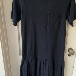 Vintage 80s S. Roberts Short Sleeve Drop Waist Midi Dress Dark Blue Sz Small